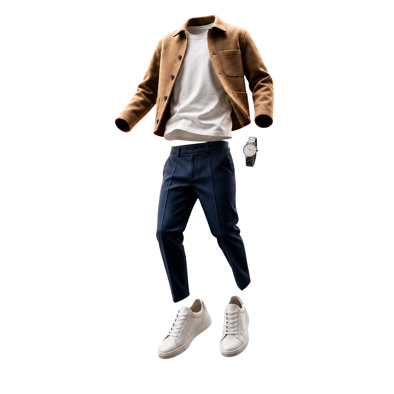 A camel, white and navy capsule outfit floating in a cinematic studio