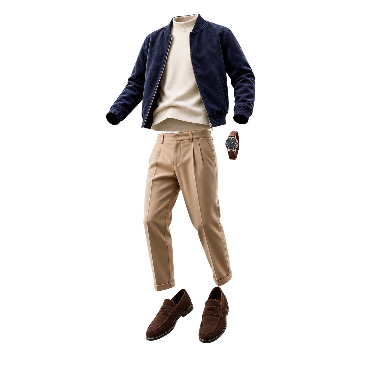 The completed indigo, ivory, camel and brown floating outfit