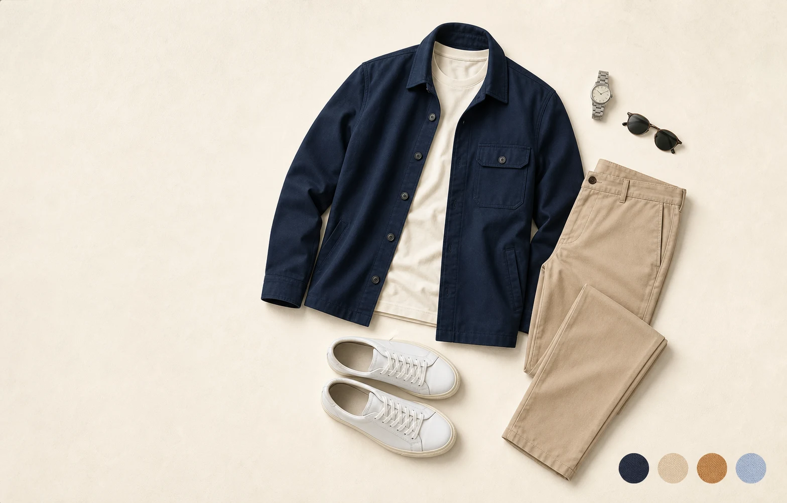 A coordinated navy and cream flat-lay outfit